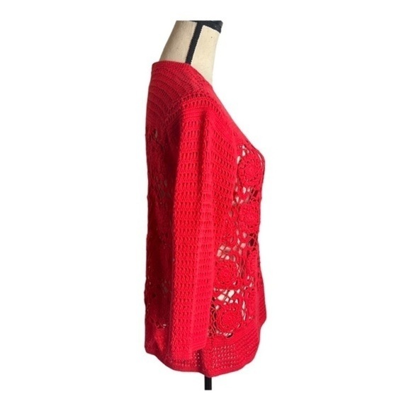 Vintage Liz Claiborne New York Red Crochet Knitted Cardigan Size L - Picture 3 of 8
